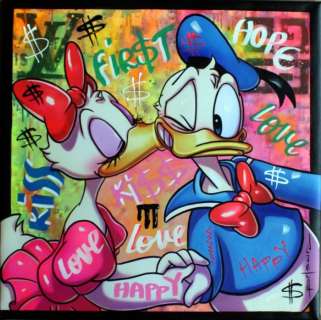 Gabriel Brisan | Donald Duck - First Kiss - Daisy and Donald - 50 x 50 cm - Oil and Acrylic on Canvas | Catawiki