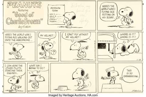 Schulz, Charles | Charles Schulz Peanuts Sunday Comic Strip Snoopy/WWI Flying Ace Original Art dated 11-8-1981 (United Feature Syndi... | Heritage