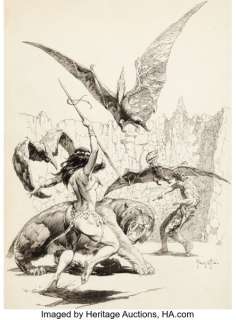 Frank Frazetta "I Saw Three Mighty ‘Thipdars‘... " Edgar Rice Burroughs Pellucidar Illustration Original Art (1964).