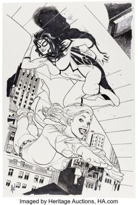 Adam Hughes DC / Marvel: Superman / Spider-Man #1 Supergirl and Spider-Woman Variant Cover Original Art (DC/Marvel, 2026).