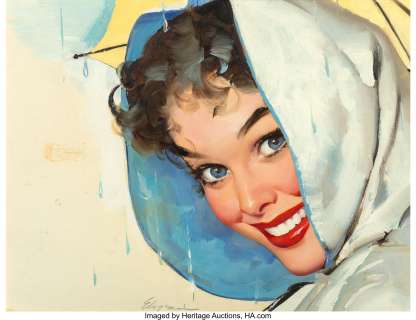 Gil Elvgren (American, 1914-1980) Blue Eyes advertisement Oil on board 11-1/2 x 15-1/2 inches (29.2 x 39.4 cm) Signe... | Heritage
