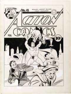 Fred Ray - Action Comics #45 Superman Cover Original Art (DC, 1942).  This rousing scene recalls the dynamism of -
