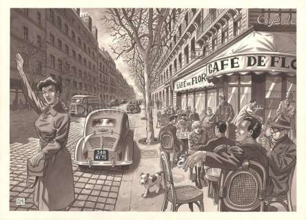 Jean-Michel Arroyo - Café de Flore Illustration originale - Pigalle, 1950