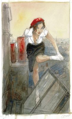 Gibrat | Lot 378 - Le vol du corbeau, Jeanne sur les toits de Paris, dessin original grand format à l’aquarelle publié dans le tirage de tête Dupuis paru en 2002. | Septimus