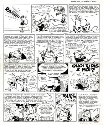 Greg | Achille Talon, Miron Ton, Mi-ronde d’haine, planche originale à l’encre de chine dans laquelle on retrouve René Goscinny à plusieurs reprises. | Septimus