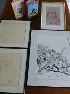 Craenhals, François/Debruyne - Original Drawing of the Chevalier Ardent + Charcoal Drawing of King Arthur + 2 Comic Books + 2 Caricatures - C - EO (1969/2003)