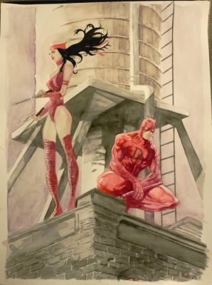 Debris, Erol Lorenzo - 1 Original colour drawing - Daredevil, Elektra - On Rooftop - 2025 | Catawiki