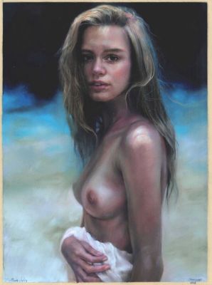 Julia Kirillova Original colour drawing - Art de nu - Jeune femme blonde aux seins nus - 2023