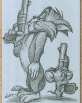 Joan Vizcarra Crayon Original - Tom & Jerry "Wild West Rivals" – Hand Signed | Catawiki