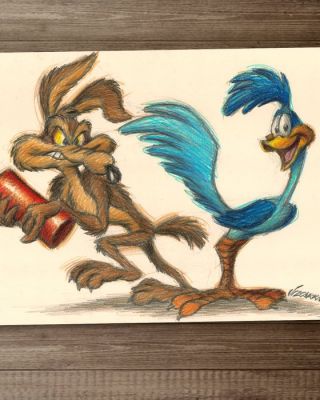 Joan Vizcarra Crayon de couleur - Road Runner & Wile E. Coyote “Dynamite Trouble” – Hand Signed Original Artwork | Catawiki
