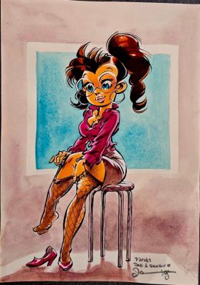 Illustration originale en couleur - Mademoiselle Chiffre sur le banc de Petit Spirou - 1 Album - 2008 | Catawiki
