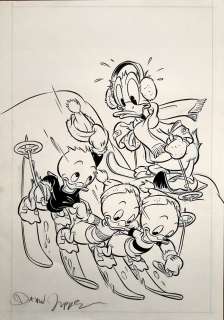 Daan Jippes - Walt Disneyâ€™S Comics And Stories #528 Cover (Donald & All 3 Nephews At Ski Outing!)