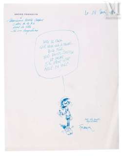 Franquin, André (1924 - 1997) | Gaston. Splendide dessin-dédicace | Millon