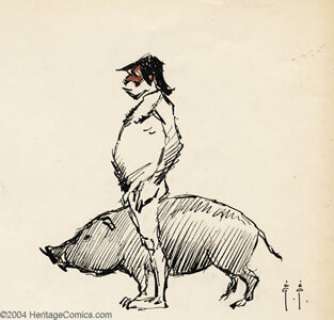 Frank Frazetta - Original Nude Man with Big Pig Art Sketch (No Publisher, undated). Tight sketch of a male figure - | Heritage