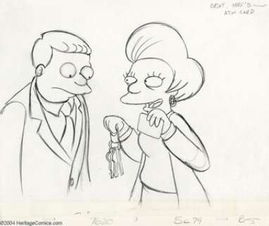 The Simpsons Preliminary Animation Original Art (undated). Edna Krabapple flashes Lionel Hutz her ATM card and car - | Heritage