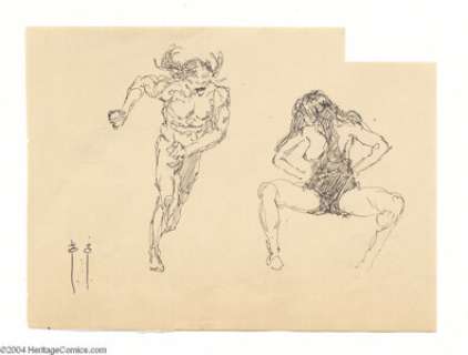 Frank Frazetta - Caveman and Cavewoman Sketch Original Art (undated). A very detailed pen and ink study of this - | Heritage