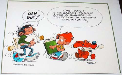 Verron, Laurent - Dessin original couleurs Ã  l’encre de Chine - Hommage Ã  Gaston Lagaffe et Boule et Bill | Catawiki