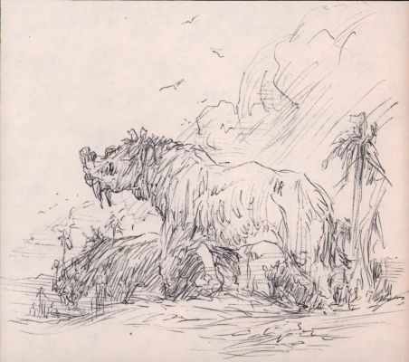 Roy Krenkel | Wild Rhino/Boar Ink Sketch | Anthony’s Comic Book Art