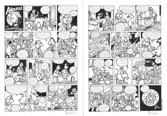 Margerin Frank | Gag en deux planches ’les catastrophes naturelles’ paru dans Manu Tome 1 ’L’insupportable Manu’ par Frank Margerin | Galerie Napoléon