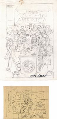 John Romita Sr. | Captain America / Dr. Doom Cover Prelim (Cap Trying To Save President Bush From Dr. Doom!)1989 | Romitaman