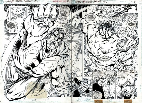 Brad Vancata, Chris Wozniak | Superman: the Man of Steel Annual #1 P 2-3 Awesome Double Splash! (Superman Battles a Monster!) 1992 | Romitaman