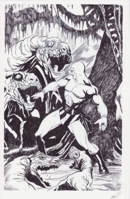 Lou Manna | The Phantom Vs Prehistoric Creatures Commission - Signed | Anthony’s Comic Book Art