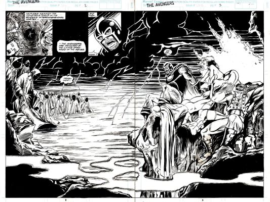M. C. Wyman - Avengers #353 P 2-3 Double Spread Splash (Hercules, Vision, Black Knight, Crystal, & Sersi Get Ready To Battle Flesh-Eating Wraiths!) 1992