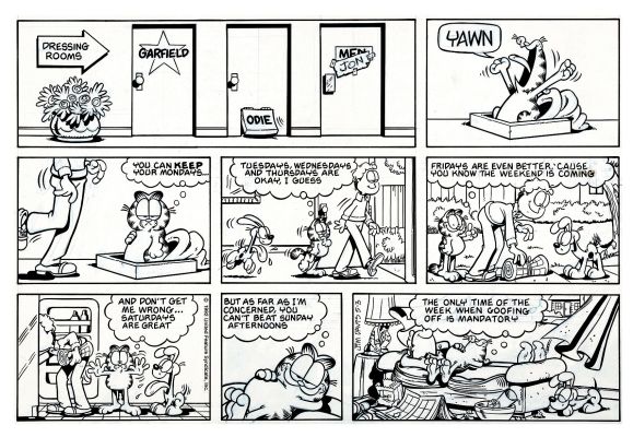 Jim Davis | Garfield Sunday Strip (Garfield Has His Own Movie Star Room, As Jon Gets a Restroom! Garfield Explains What Day of the Week Is Best! Lol!) 5-3-1992 | Romitaman