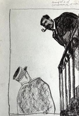 Ferenc Pinter | Original illustration for Maigret. Cm. 22x32 on grey board. Signed. Mint. Code 2002. | Segni e Disegni