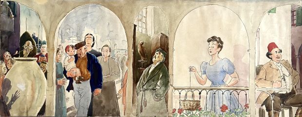 Giorgio Tabet | Original cover for "Novelle per un anno" by Luigi Pirandello. Cm. 54,5x22. Gouache on board. Code 2150. | Segni e Disegni