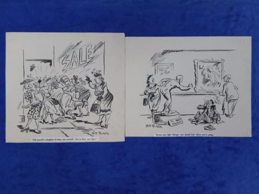 TWO SID BLACK COMICS, INK, ONE TITLED "SERVES YOU RIGHT" THE OTHER "CALL YOURSELF A DAUGHTER OF MINE" | misc / divers