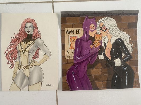 Jean Grey Phoenix by Gabriel ( 8.2”X11.8”)and Catwoman with Black Cat by Théo (11.5”X11.7”) | Raremarq (Buy It Now)