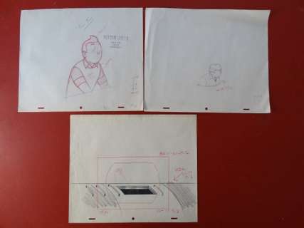 Tintin - 3 x croquis préparatoire pour film d animation - On a marché sur la lune - (années 60) - Page volante | Catawiki