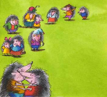 Jerzy Flisak (1930 - 2008) | Jerzy Flisak | "Przygody jeża spod miasta Zgierza", ilustracja do książki Wandy Chotomskiej, Małe stado jeży na trawie, str. 26, 1984 | Desa Unicum