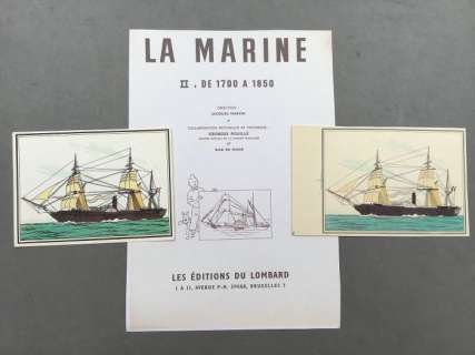 Studios Hergé - Mise en couleurs originale du Chromo 114 - Â«Â Frégate Ã  Vapeur Gomer 1842Â Â» - EO (1963) | Catawiki