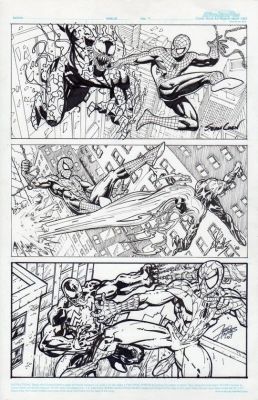 CHEN-COUTTS-HAYNES - Fantastica triplice commission. Spiderman contro Venom. 28 x 43 cm. Tre pannelli per tre diversi autori. Sean Chen, Ed Coutts, Fred Haynes. Firmata e datata dai tre disegnatori.
