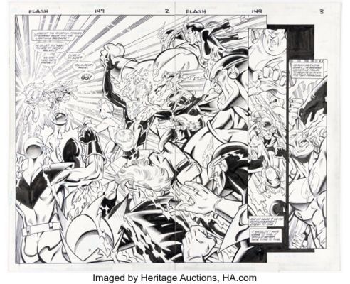Paul Pelletier and Vince Russell Flash #149 Double Page Spread 2-3 Original Art (DC, 1999). (Total: 2 Original Art)