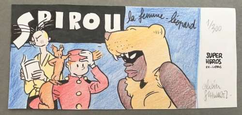 Schwartz, Olivier - Dessin original en couleur pour ex-libris Librairie Â« Super Héros Â» avec numéro 1/300 manuscrit | Catawiki
