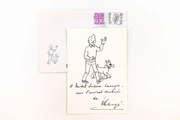 Herge (Georges Remi, 1907-1983) | Lot 30 : Petite carte imprimée des personnages de Tintin et Milou comportant… | misc / divers
