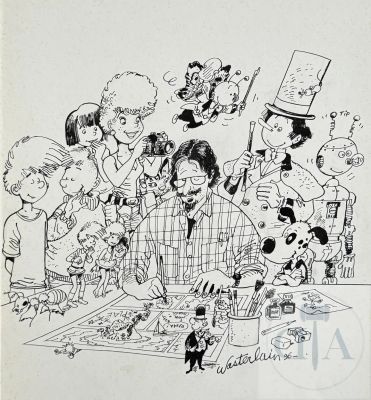 Wasterlain / Dessin Original Xxl Illustrant Un Autoportrait de L’artiste Avec Tous Ses Personnages. Belle Mise En Scène Et Qualité D’exécution. Publié Dans La Monographie de L’auteur Page 6 En 2012. Rare. Encre de Chine Signée Et Daté 1996. Tbe. 38 X 45 Cm | Lot 574 : Wasterlain / Dessin original XXL illustrant un autoportrait de… | Dagoty