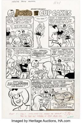 Dan DeCarlo and Jim DeCarlo (attributed) - Josie "Josie and the Cupcakes" Hostess Cupcakes Complete 1-Page Ad Original Art (Archie, 1976). | Heritage