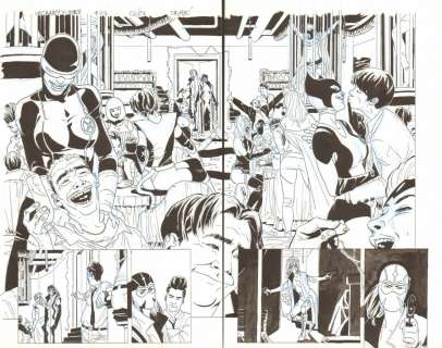 Dalibor Talajic - Uncanny x-force #7 (2nd series) pgs. 6 & 7 - cluster and psylocke in her purple fantomex suit enter a seedy club with girls dressed as sexed-up superheroes - 2013 signed