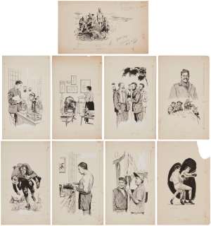 Ben Kudo (b. 20th Century - d. 2005), Nine working illustrations for "Hemingway: Live and Death of a Giant," circa 1960, India ink, with gouache and pencil notations, on smooth, heavy paper, | misc / divers