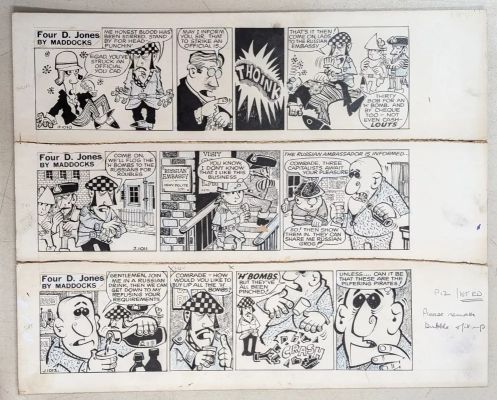Lot 016 - Peter Maddocks (British Cartoonist, 1928-2024), three original comic strips from ’Four D. Jones’ | misc / divers