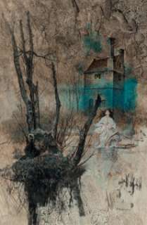  - Robert McGinnis (American, b. 1926)
 The Master of Blue Mire paperback cover, 1975
 Gouache on board
 14-3/4 x 10 inches...