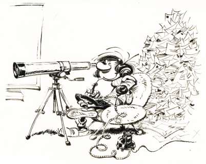 André Franquin | Gaston Lagaffe, dessin original au pinceau à l’encre de chine publié dans le journal Spirou n° 1734 du 8 juillet 1971. Gaston a trouvé un nouveau truc pour regarder la télévision pendant les heures de bureau : il s’installe à sa… | Septimus