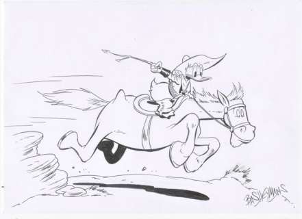 Bas Heymans | Bas Heymans - Originele tekening Donald Duck op paard met twijgje - Exemplaire unique | Catawiki