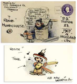 George Herriman Lot of Original ’’Krazy Kat’’ Artwork -- Herriman Draws an Envelope With Krazy Kat & Ignatz, and Also a Card With ’’Ole Man Herriman’’ Serenading a Friend | Nate Sanders