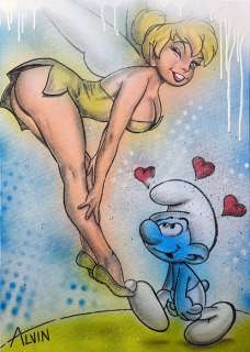 Alvin Silvrants | Smurf in love with Tinkerbell - Original drawing in colour by Alvin Silvrants | Catawiki