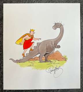 Paul Geerts | Suske en Wiske - Originele tekening in kleur - De Groene Splinter - Lambiek met dinosaurus - Page volante | Catawiki